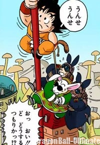 Gokū conduit la bande des Lapins jusque sur la lune, avec son Nyoibō